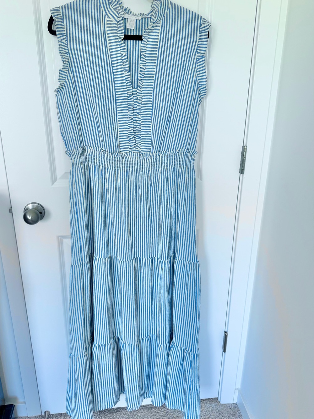 London Times Blue and White Striped Ruffle Maxi Dress